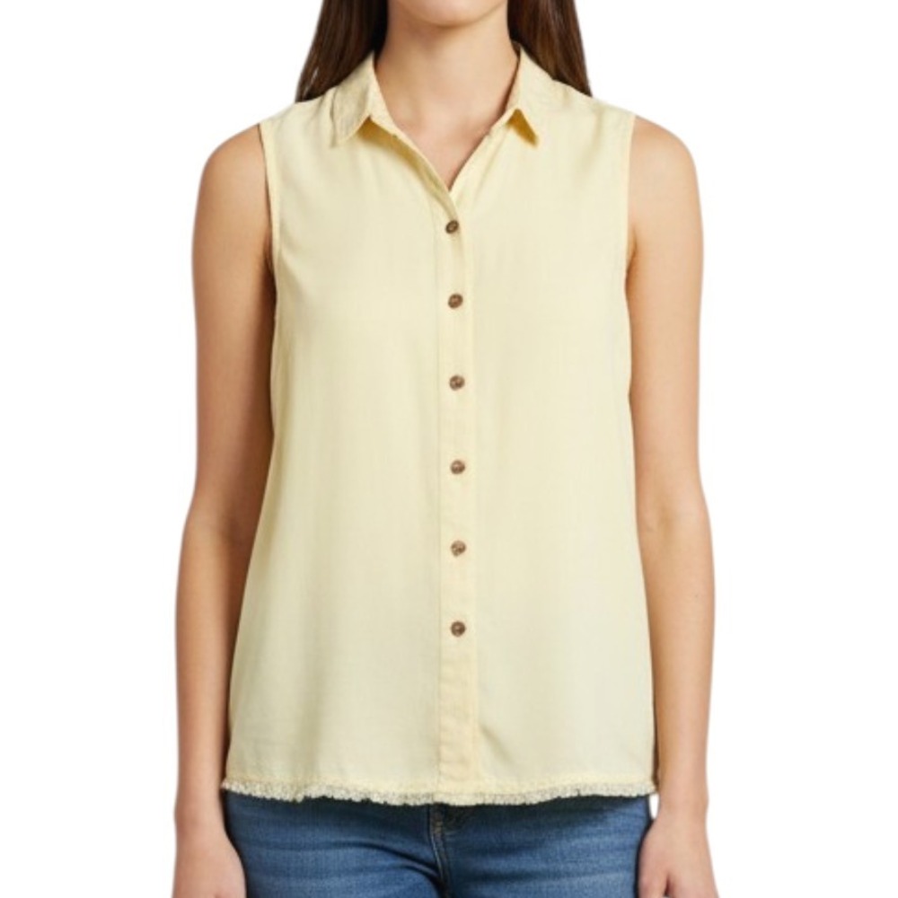 C&C CALIFORNIA Butter Yellow LYOCELL (TENCEL) BUTTON-UP SHIRT TOP Frayed Hem S